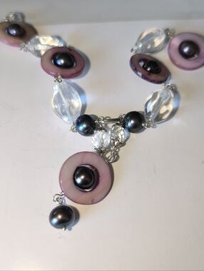 Multicolor Gemstones Peacock Pearls Pink Circles MOP Rock Crystals Necklace